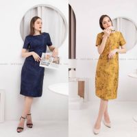 Woven Fabric Dress - เดรสผ้าไหมทอลาย สีทอง,กรม