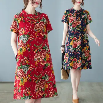 Women Summer Long Dress Fashion Flower Printing Pagoda Half Sleeve