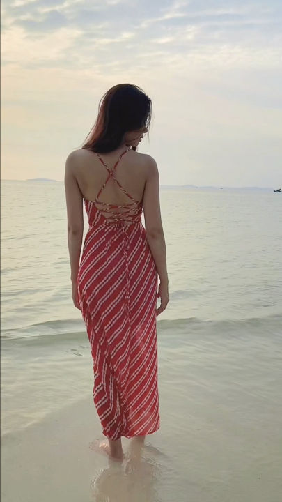 Váy Maxi Hai Dây Đi Biển Dây Đan Lưng Có Đệm Ngực Cực Xinh