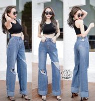 [BU6441] JEANS DENIM กางเกงยีนส์เอวสูงขากระบอกใหญ่แต่งขาด ผ้ายีนส์แท้ไม่ยืดงานเกาหลีทรงสวยมาก มีไซล์ S-6XL