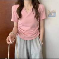 เสื้อครอปคอเว้ารูดข้าง สีพื้น พร้อมส่ง