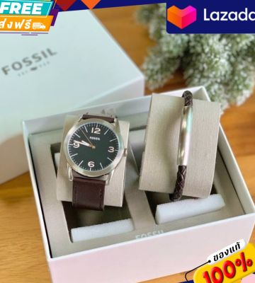 นาฬิกา NEW FOSSIL LEDGER THREE-HAND BROWN LEATHER WATCH AND BRACELET GIFT SET หน้าปัด ขนาด 42 มม.