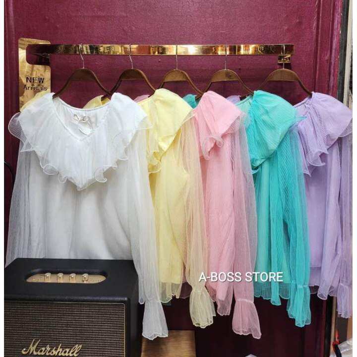 พร้อมส่ง-งานบิ๊กไซส์อก-42-เสื้อฟรุ้งฟริ้งออกงาน-เสื้อลูกคุล-เสื้อคัลเลอร์ฟลู