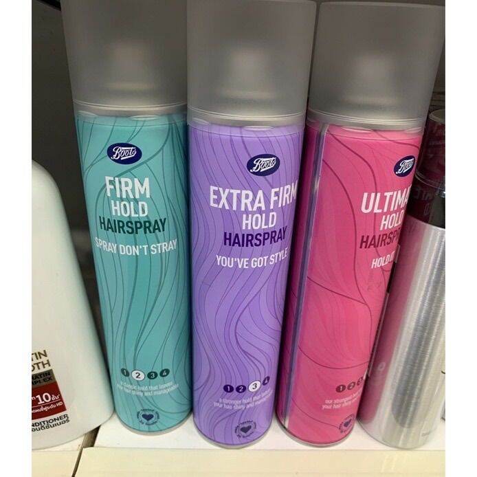 Boots Extra firm hold hairspray 300mlกลิ่นหอมมาก ( มี3สี เลือกในตัว