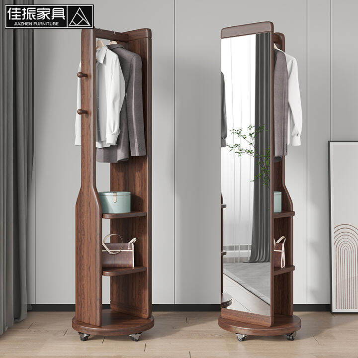 Walnut Rotate Dressing Mirror Clothes Rack Integrated Movable Solid Wood Coat and Hat Rack Full