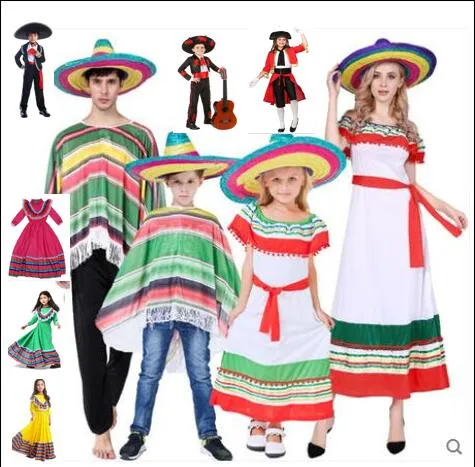 Halloween Mexican Ethnic Cosplay Costume Cloak Straw Hat Spanish Costume  Parent-Child Outfit Party Outfit | Lazada PH