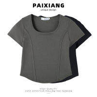 Paixiang เสื้อทีเชิ้ตแขนสั้นเซ็กซี่คอเหลี่ยมสีพื้นเสื้อใส่แล้วดูผอมเข้ารูปขอบก้างปลาฤดูร้อนแบบใหม่2023สำหรับผู้หญิง