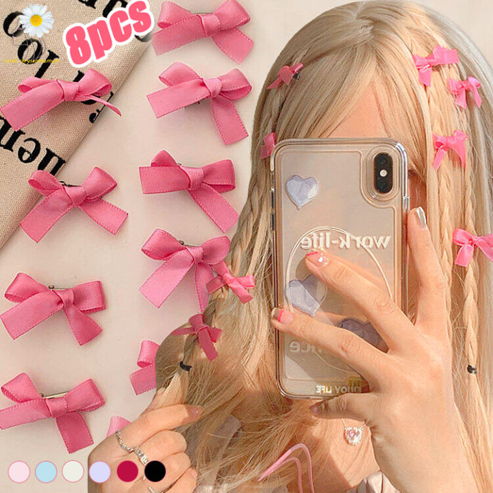 8PCS Pink Ribbon Bow Small Hair Clip Ins Sweet Cute Bangs Clip for