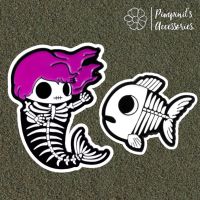 ʕ •ᴥ•ʔ ✿ พร้อมส่ง : เข็มกลัดเซ็ทโครงกระดูกนางเหงือกและปลา | Mermaid &amp; Fish Skeleton Enamel Brooch Pin Set.