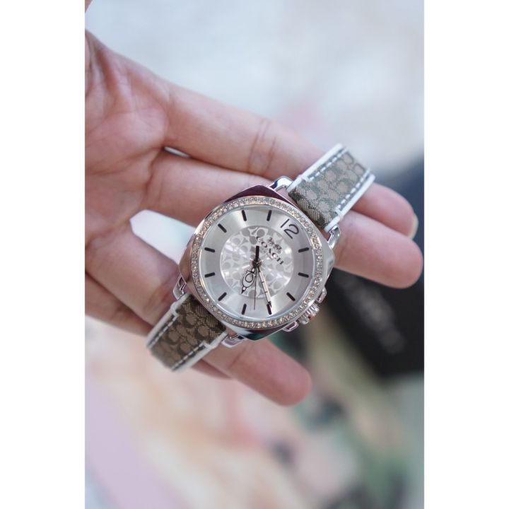 นาฬิกา-coach-ladies-boyfriend-signature-fabric-leather-watch-หน้าปัดสีเงิน-34-มม