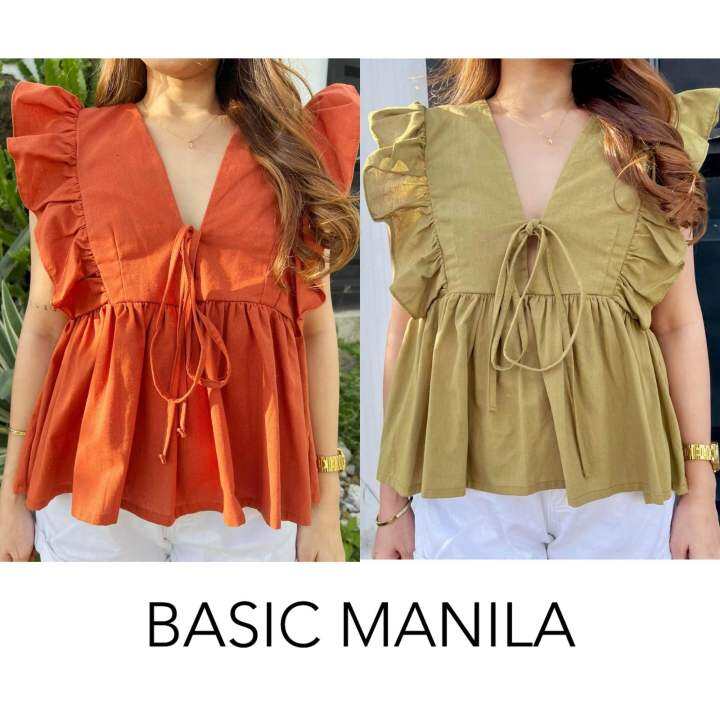 BASIC MANILA Piper Ruffles VNeck Linen Top Lazada PH