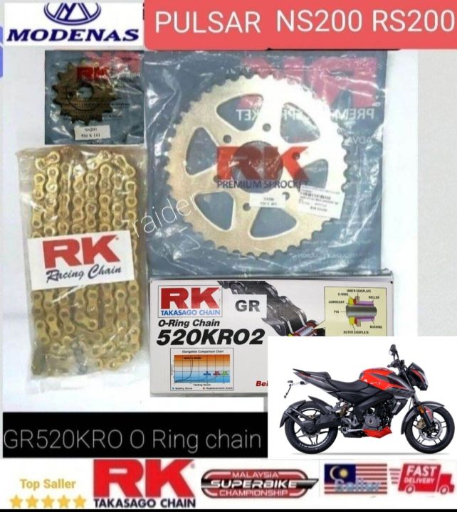 Modenas Pulsar NS200 RS200 Sprocket & Chain Kit [GR520KRO O Ring Gold Chain] Lazada