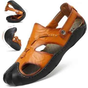 Mens black leather on sale sandals closed toe