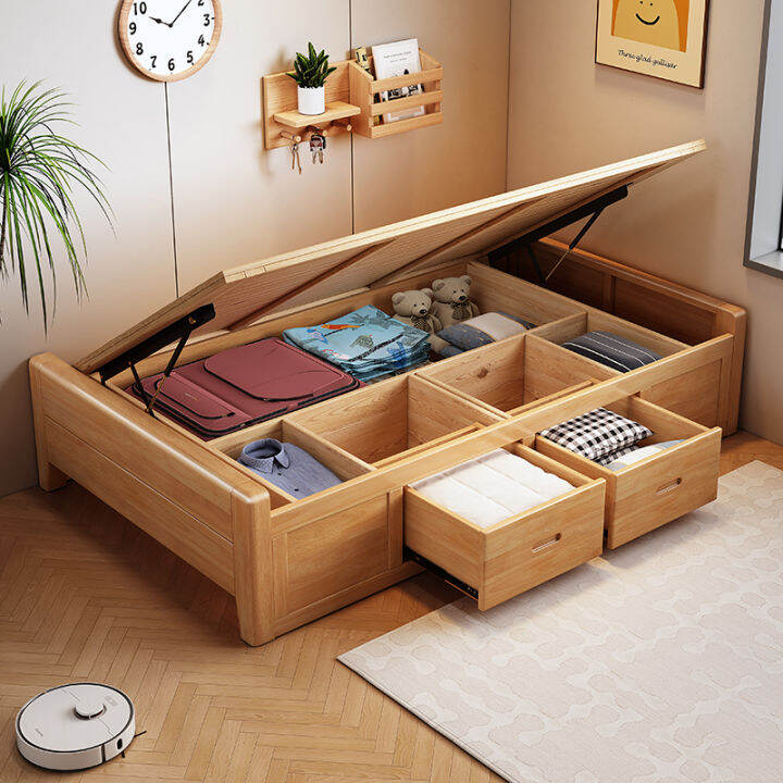 All Solid Wood Bed without Headboard Tatami Side Open Air Pressure High
