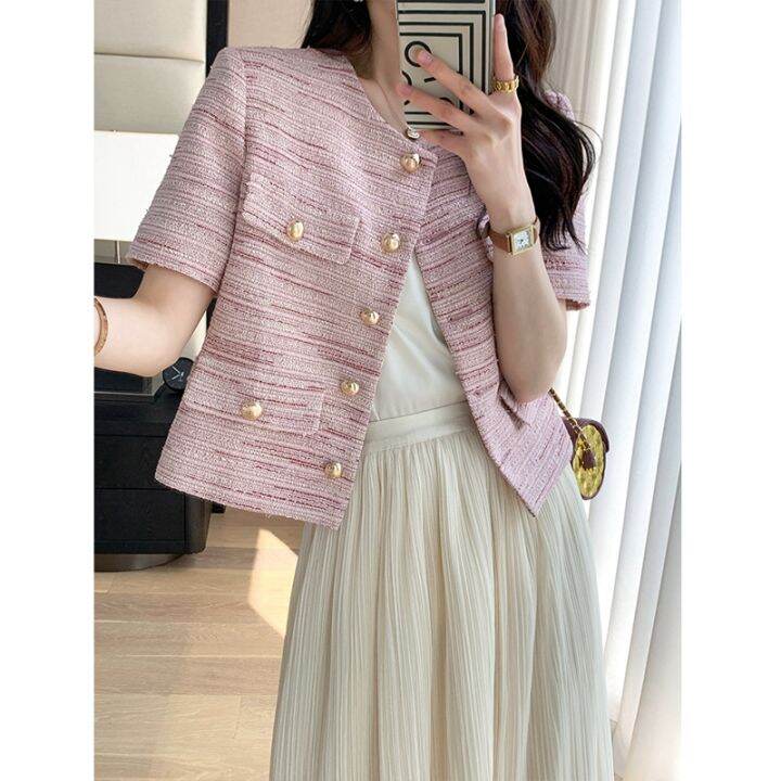 Linglai Pink Woven Classic Style Short Sleeve Jacket Women's 2023