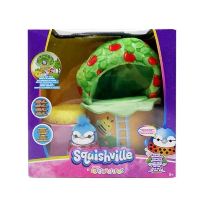 Squishville by Squishmallows SQM0341 Sweet Shop, speelset met 2 inch Priya de paarse panda, Tres'zure De groenblauwe kat en bistrotafel en stoel, speelgoed voor kinderen