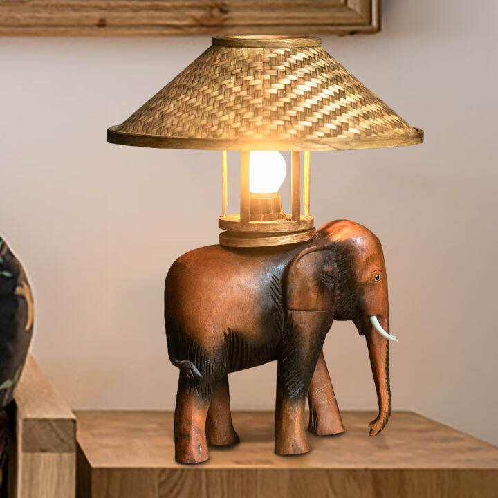 HandCarved Wooden Elephant Decorative Table Lamp Bedside Lamp Suitable