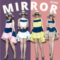 ?ป้าย Mirrorsister เดรสแขนกุดคอปีนหน้าสั้นหลังยาวลายขวาง