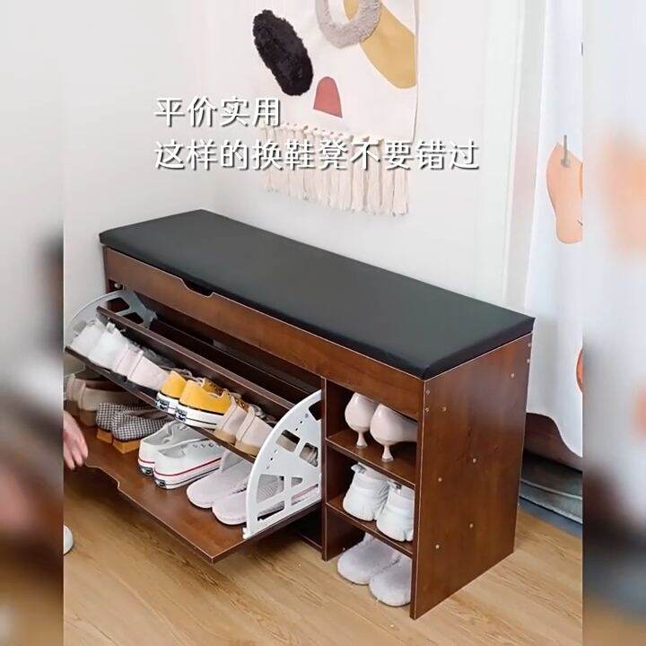Wooden Shoe Bench Tipping Bucket Shoe With Seat Cushion Shoe