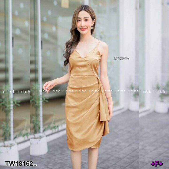 18162-dress-เดรสสายเดี่ยว-แต่งจีบระบายตรงเอว-ผ้าซาร่าเงา-มีซิปหลัง