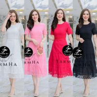 เดรสออกงาน4สี!!! S-6XL Dress เดรสสีขาวผ้าฉลุลายชายลูกไม้ งานป้าย Tarm Ha