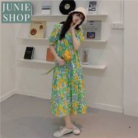 JUNIE SHOP เดรสเกาหลี เดรสคอเหลี่ยมผ้าพิมพ์ลายดอกไม้ เนื้อคอตตอนไม่หนาใส่สบาย แขนตุ๊กตามีกระเป๋า 2 ข้าง ส่งฟรี