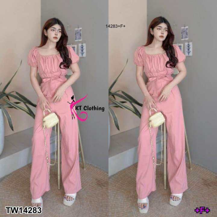 14283-jumpsuit-จั้มสูทขายาวผ้าซาร่า-งานแชนพองใส่ยกไหล่สวย-คอเหลี่ยมกว้างใส่แล้วดูออร่ามากค่ะ่วงอกจับจีบย่นน่ารัก