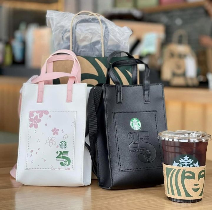 Starbucks Tote Bag กระเป๋าครบรอบ 25ปี ถือได้ สะพายได้ สีขาวชมพู