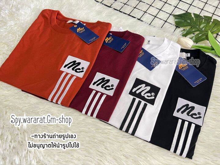 เสื้อยืดปักm-c-แบบขีดงานป้ายห้อยเสื้อยืดแขนสั้น-ผ้าคอตตอน-ใส่ได้ทั้งผู้ชายและหญิง-ถ่ายจากสินค้าจริง