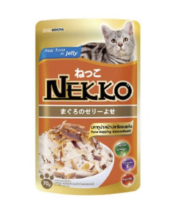 อาหารแมวเปียก Nekko สูตร ทูน่าหน้าปลาโอ ในเยลลี่ สีส้ม NP4 ยกโหล (12ซอง)