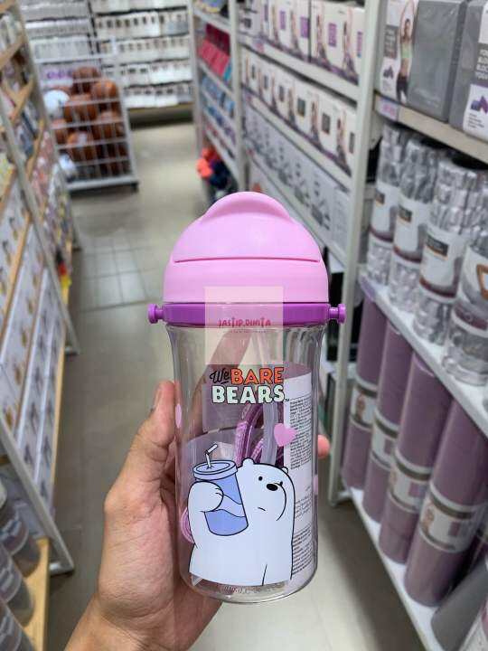 Miniso X We Bare Bears Straw Water Bottle With Shoulder Strap 400ml