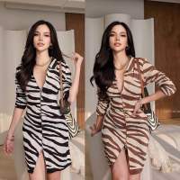 Zebra mini dress เดรสสั้นแขนยาว ดีเทลแต่งซิปหน้าทั้งตัว เนื้อผ้าทอแน่น