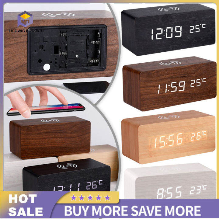 FunsLane Wooden Digital Alarm Clock 3 Alarms Led Display Wireless