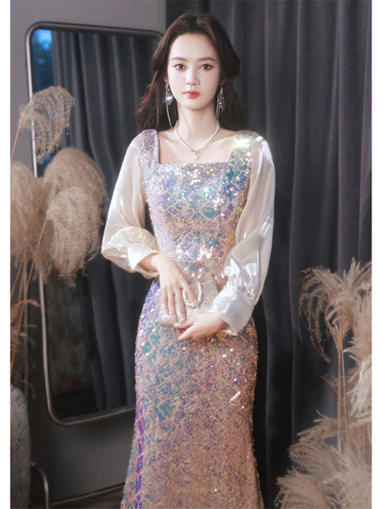 Glary Star Sequin Váy Dạ Hội Đầm Dự Tiệc Đuôi Cá Dài Tay Chủ Nhà ...