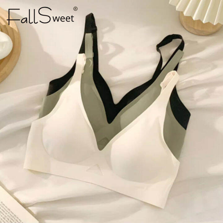 Fallsweet Women Jelly Bra With Padded Seamless Deep V Underwear Non Wired Sexy Cutout Mesh Thin 4434