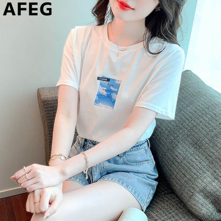 AFEG เสื้อยืดแขนสั้นพิมพ์ลาย,เสื้อยืดหลวมลำลองแฟชั่นคอกลมสไตล์เกาหลีแบบ ...