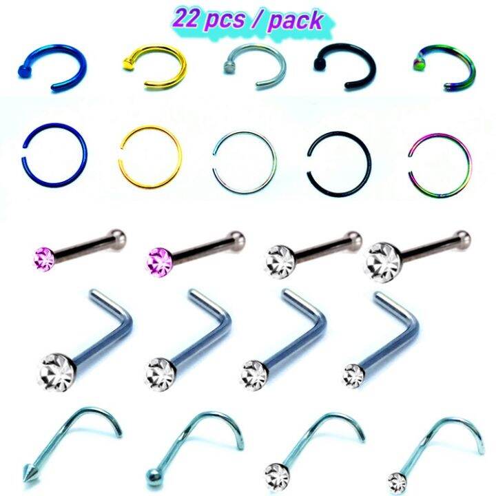 22 pcs/ Pack Mixed Stainless Steel Piercing Jewelry Set Nose Studs Nose
