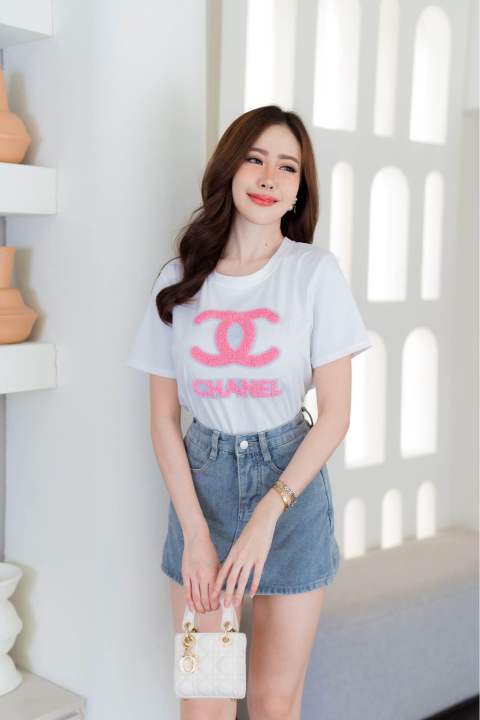 chanel-เสื้อยืดคอกลมแขนสั้นใช้ผ้ายืดเด้งพรีเมี่ยม