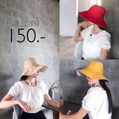 หมวกบักเก็ต ผูกคาง ทรงปีกกว้าง ใส่ได้ 2 ด้าน 150.-