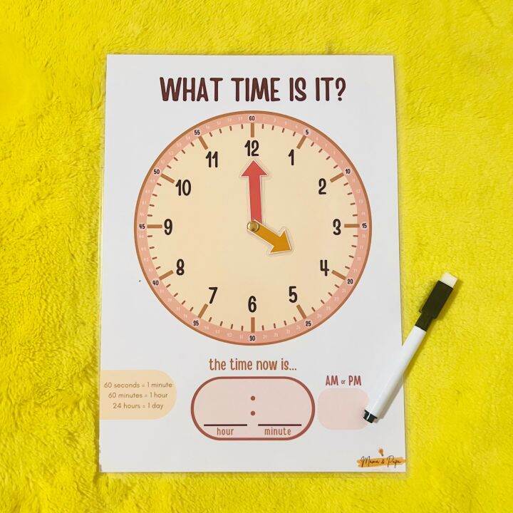 CLOCK telling time w/ movable hands | a4 Laminated FREE marker ...