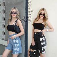 ? BU6416 NEW JEANS SUPER CUTE กางเกงยีนส์สามส่วนเอวสูงแต่งโบว์ขาวด้านข้าง มีไซล์ใหญ่สำหรับสาวอวบ