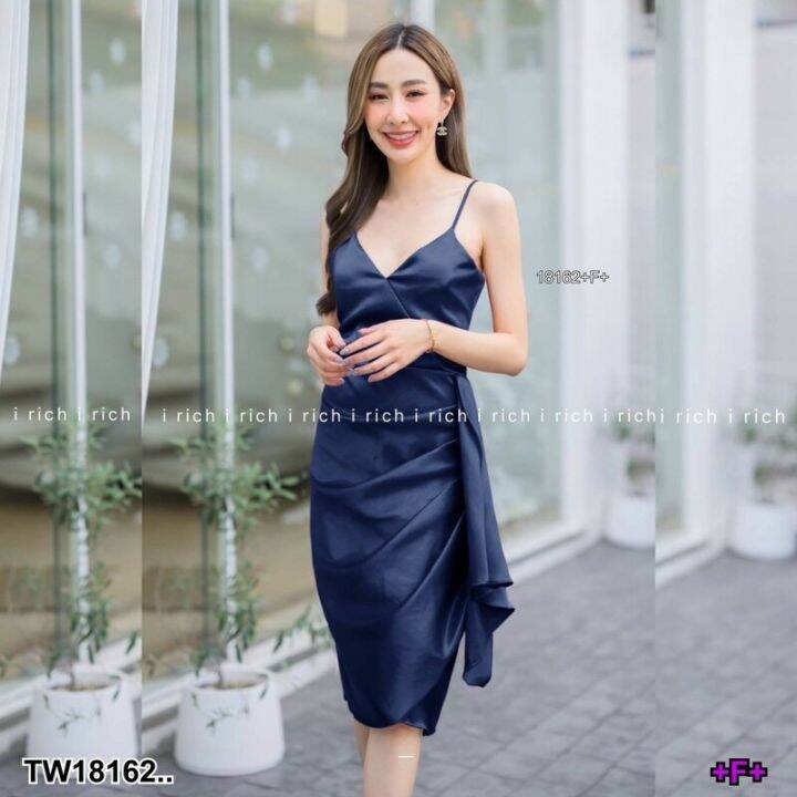 18162-dress-เดรสสายเดี่ยว-แต่งจีบระบายตรงเอว-ผ้าซาร่าเงา-มีซิปหลัง