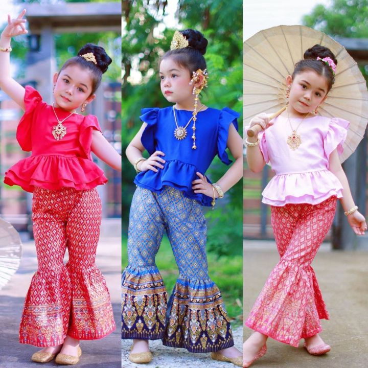 ชุดเซทเสื้อระบาย-กางเกงผ้าไทย-ไม่รวมเครื่องประดับ-ชุดไทยเด็ก-ชุดไทยเด็กผู้หญิง-ชุดไทยขาม้าเด็ก-ชุดไทยอนุบาล
