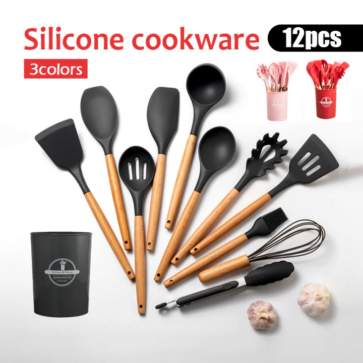 12pcs/set, Silicone Utensil Set, Kitchen Utensil Set, Safety Cooking  Utensils Set, Non-Stick Cooking Utensils Set With Wooden Handle, Washable  Modern