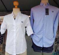 Fredperryแขนยาวมีป้ายสีฟ้ายีนส์และสีขาวผ้าอ๊อกฟอตใส่สบายหลายโอกาส