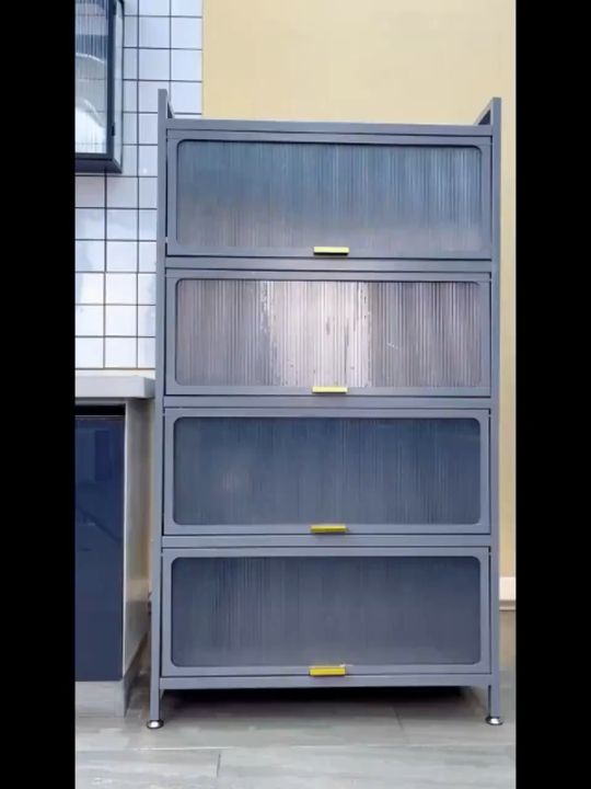 Simple Carbon Steel Kitchen Cabinets Floor Rack with Flip Door  Multi-function Microwave Oven Storage Cabinet Multi-layer Shelf U