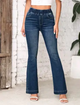 Womens Retro Denim Highwaist 2-Buttons Flare Style Jeans Pants for