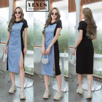 ?Jeans Dress แม๊กซี่เดรสผ้ายืดแต่งผ้ายีนด้านหน้า แต่งสายโซ่