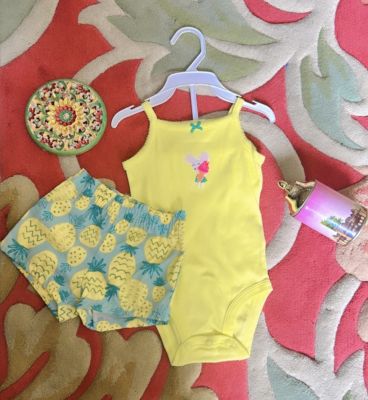 CLOTHING 99 Preemie baby lemon bright yellow romper with cute pineapple shorts set