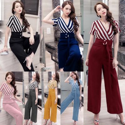 8575  Jumpsuit จั้มสูทคอวีไขว้แขนสั้น ด้านบนตัดเย็บด้วยผ้าโฟร์เวย์ แต่งลายริ้ว